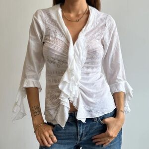 White Ruffled Boho Floral Blouse Top